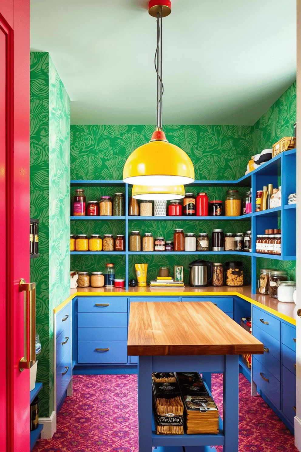 A colorful pantry featuring bold wallpaper design that showcases vibrant patterns and textures. The shelves are filled with an array of neatly organized jars and containers, enhancing the lively atmosphere of the space. The pantry includes a central island for additional storage and workspace, topped with a sleek wooden countertop. Bright pendant lights hang above, illuminating the cheerful space and highlighting the colorful decor.