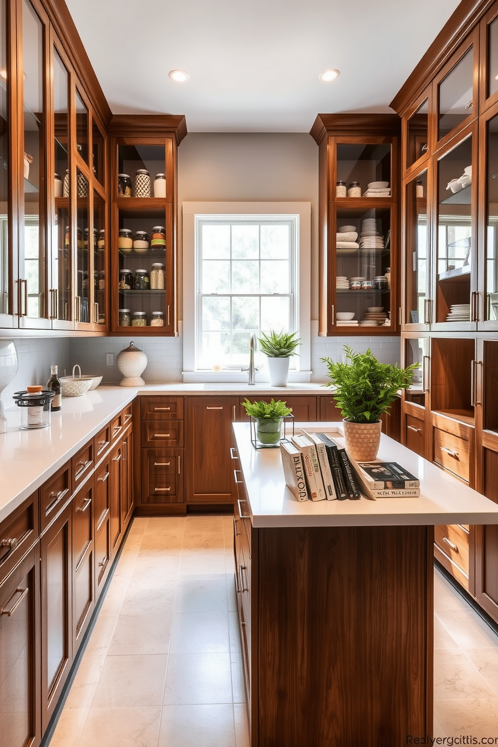 A spacious pantry featuring glass-front cabinets that allow for easy visibility of contents. The cabinets are complemented by a sleek, white countertop and organized shelving, showcasing neatly arranged jars and containers. Natural light floods the space through a window, highlighting the warm wooden tones of the cabinetry. A stylish island in the center provides additional prep space, adorned with fresh herbs and decorative cookbooks.