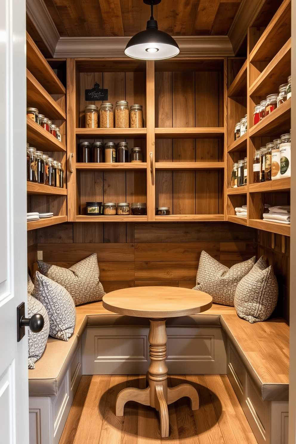 A cozy nook pantry featuring built-in seating creates an inviting space for meal prep and relaxation. The seating area is adorned with plush cushions, and a small round table is positioned for casual dining. The pantry showcases ample shelving made of reclaimed wood, filled with neatly organized jars and pantry staples. Soft, warm lighting illuminates the space, enhancing the rustic charm and functionality of the design.