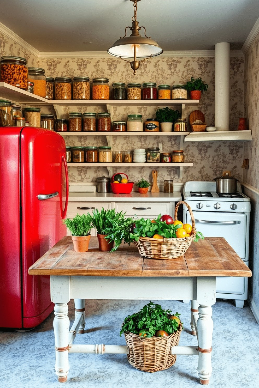 A vintage-style pantry featuring retro appliances, including a bright red refrigerator and a classic white stove. The shelves are lined with glass jars filled with colorful dry goods, and a wooden farmhouse table sits in the center, adorned with fresh herbs in terracotta pots. The walls are painted in a soft pastel hue, complemented by patterned wallpaper that adds a touch of nostalgia. A vintage light fixture hangs above, casting a warm glow over the space, while a woven basket filled with fruits rests on the table, enhancing the inviting atmosphere.