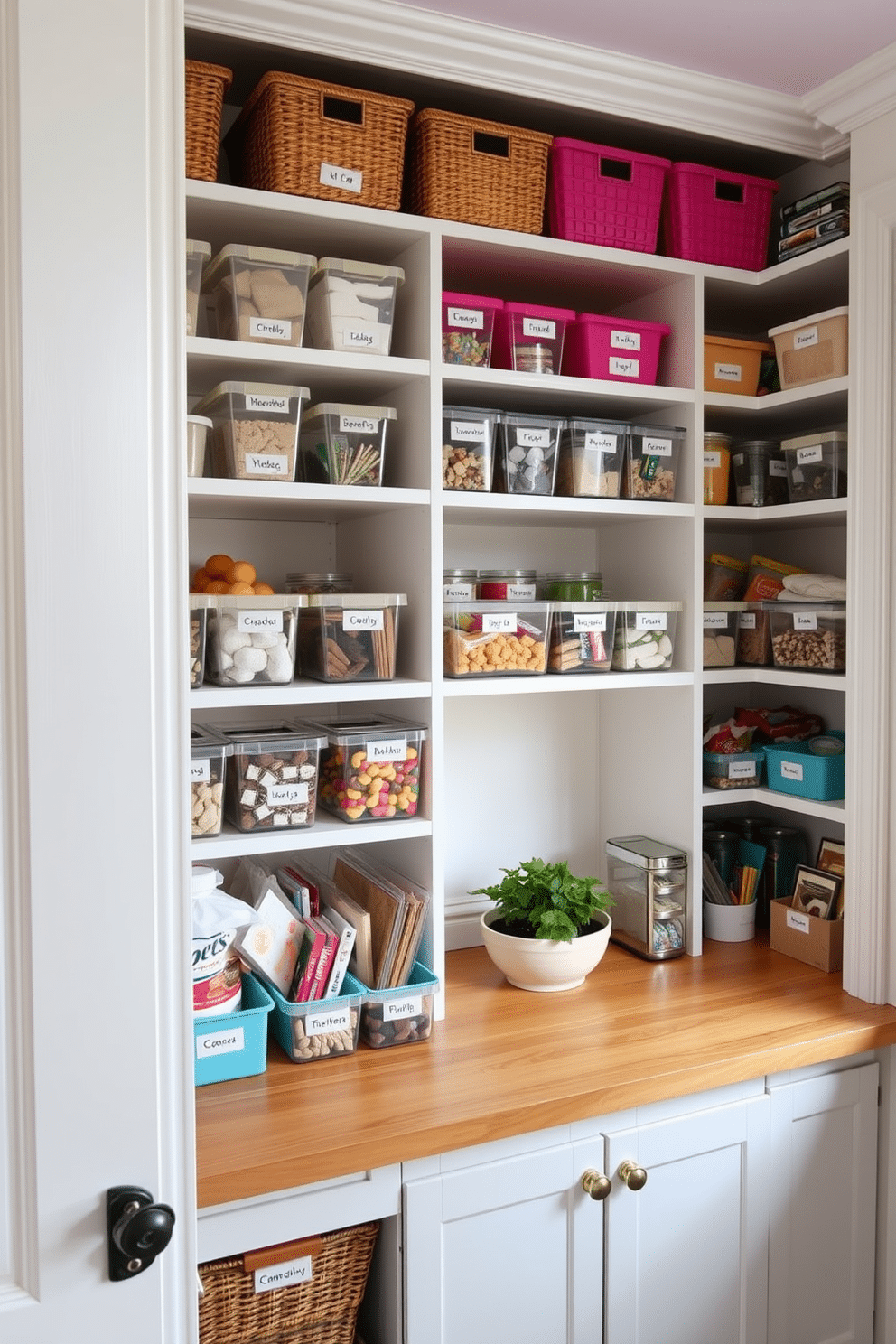 An organized pantry featuring labeled storage bins in a variety of sizes and colors. The shelves are neatly arranged with clear containers for dry goods, while baskets hold snacks and smaller items, creating a visually appealing and functional space. The walls are painted in a soft pastel hue, enhancing the bright, airy feel of the room. A wooden countertop serves as a workspace for meal prep, and a small herb garden sits on the windowsill, adding a touch of greenery.