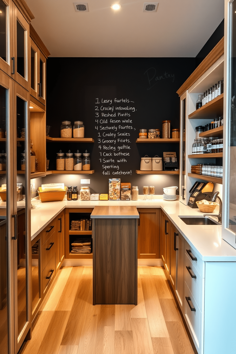 A spacious pantry featuring a chalkboard wall for jotting down notes and grocery lists. The cabinetry is a mix of open shelves and closed storage, showcasing elegant glass jars filled with dry goods. Warm, ambient lighting illuminates the space, highlighting the natural wood finishes and sleek countertops. A small island in the center provides additional workspace and serves as a gathering spot for family members.