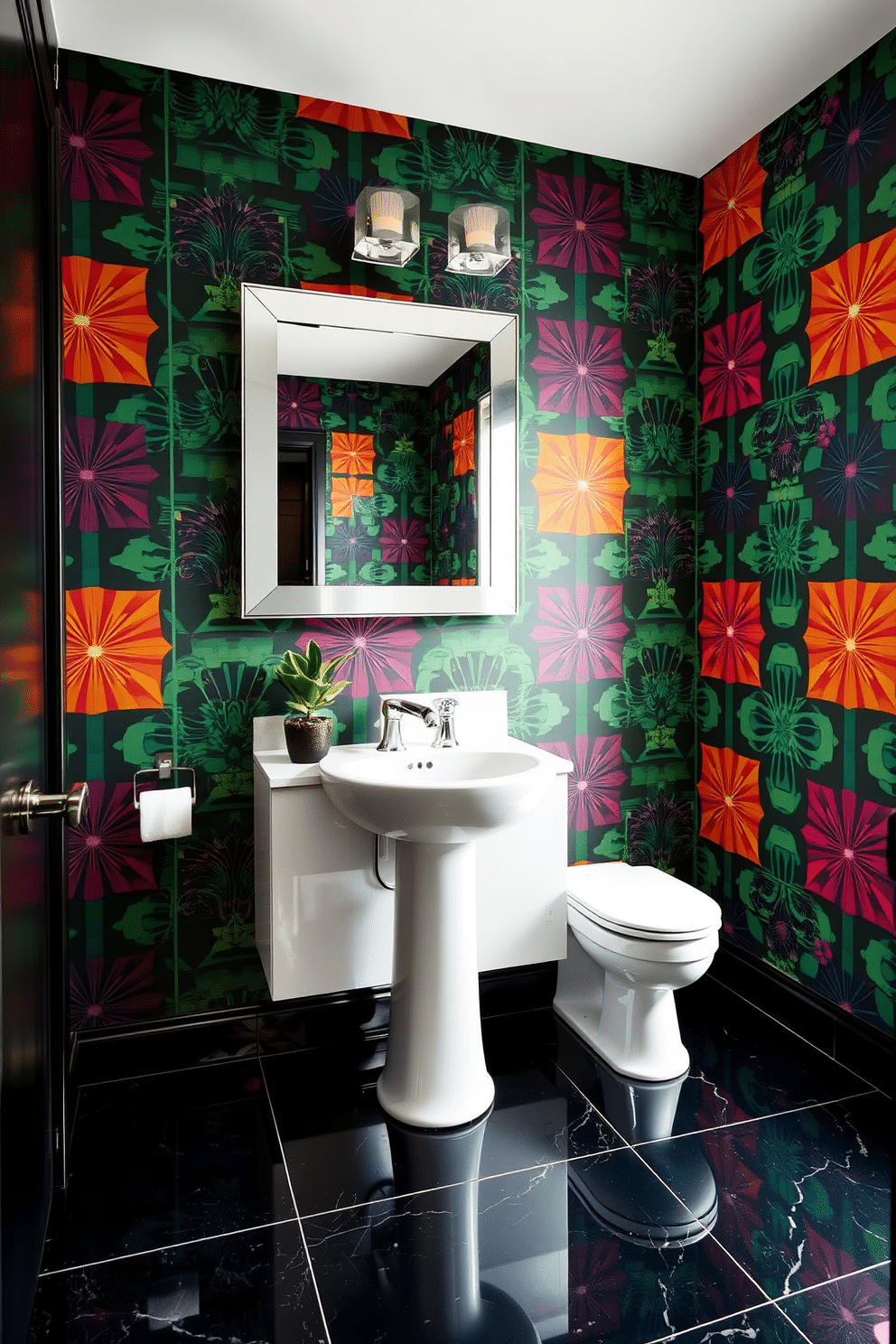 A large powder room features bold wallpaper adorned with striking geometric patterns in vibrant colors. The space is complemented by a modern pedestal sink and a sleek, frameless mirror that enhances the room's contemporary aesthetic. The floor is covered with glossy black tiles that contrast beautifully with the wallpaper, while a stylish light fixture adds a touch of elegance. A small potted plant sits on the countertop, bringing a hint of nature into this eye-catching design.