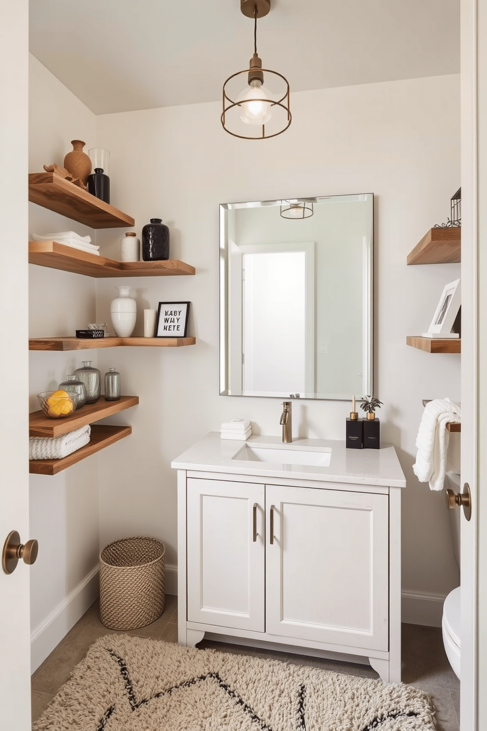 Open shelving lines the walls of a spacious powder room, showcasing an array of decorative items such as elegant vases, scented candles, and artful books. The shelves are made of reclaimed wood, adding warmth and character, while the backdrop features a soft, neutral paint color that enhances the room's brightness. The powder room is designed with a large, stylish mirror above a sleek vanity, which is complemented by modern fixtures in brushed nickel. A chic pendant light hangs from the ceiling, casting a warm glow over the space, while a plush area rug adds texture and comfort underfoot.