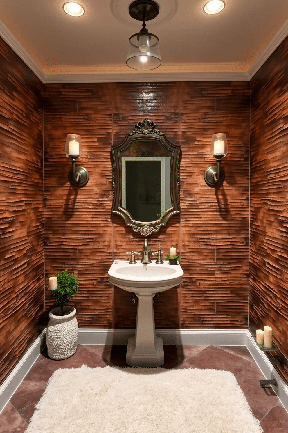 A large powder room features textured wall tiles that create a striking visual interest, adding depth and character to the space. The room is illuminated by elegant sconces that cast a warm glow, enhancing the rich colors of the tiles. In the center, a stylish pedestal sink is paired with a vintage-style mirror that reflects the room's charm. A plush area rug adds comfort underfoot, while decorative accents like a small potted plant and scented candles complete the inviting atmosphere.