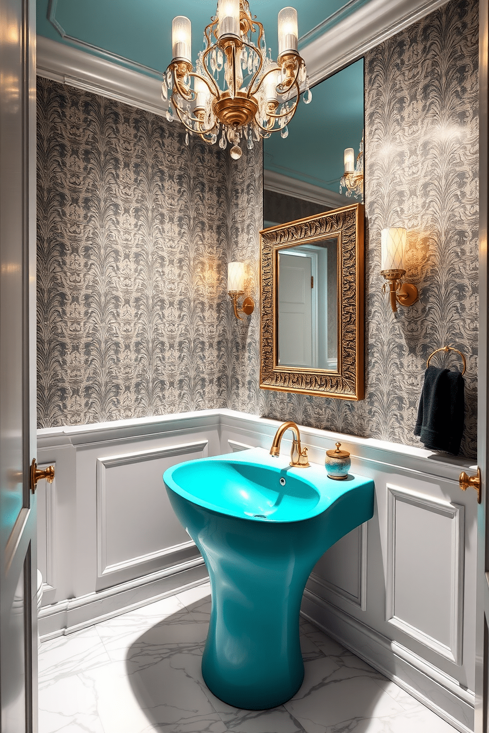 A striking powder room features a statement sink in an unconventional shape, showcasing a vibrant teal color that draws the eye. The walls are adorned with elegant wallpaper, while the floor is finished with luxurious marble tiles that complement the sink's bold hue. The lighting is soft and inviting, with a modern chandelier hanging above, casting a warm glow throughout the space. A large mirror with a decorative frame reflects the stunning design elements, enhancing the overall ambiance of the room.