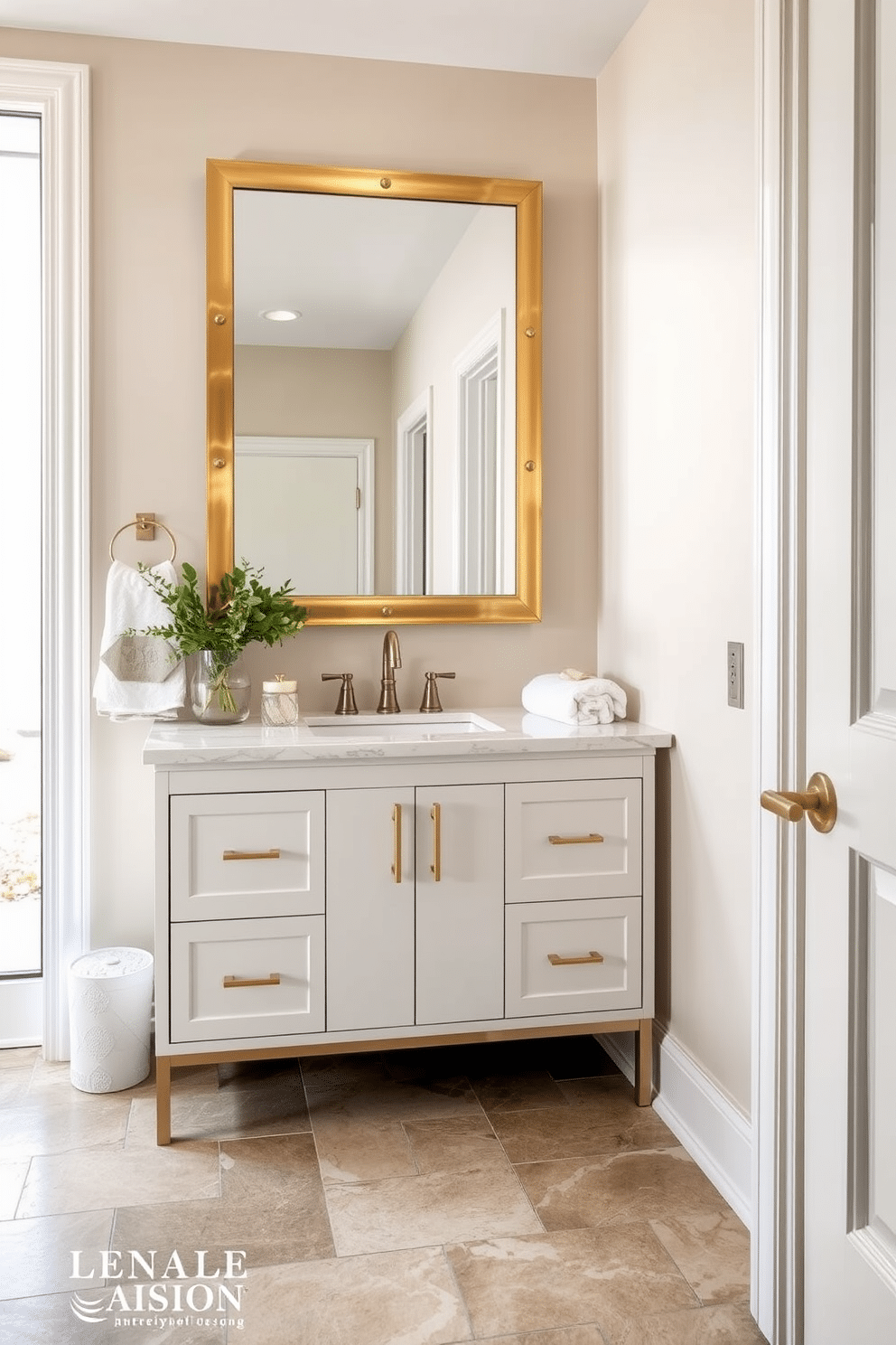 A large powder room features natural stone flooring that combines durability with elegance, creating a stunning foundation for the space. The walls are adorned with soft, neutral tones, complemented by a stylish vanity with a vessel sink and chic fixtures. Incorporate a statement mirror above the vanity, framed in brushed gold to add a touch of luxury. Decorative elements like fresh greenery and plush towels enhance the inviting atmosphere, making the room both functional and aesthetically pleasing.