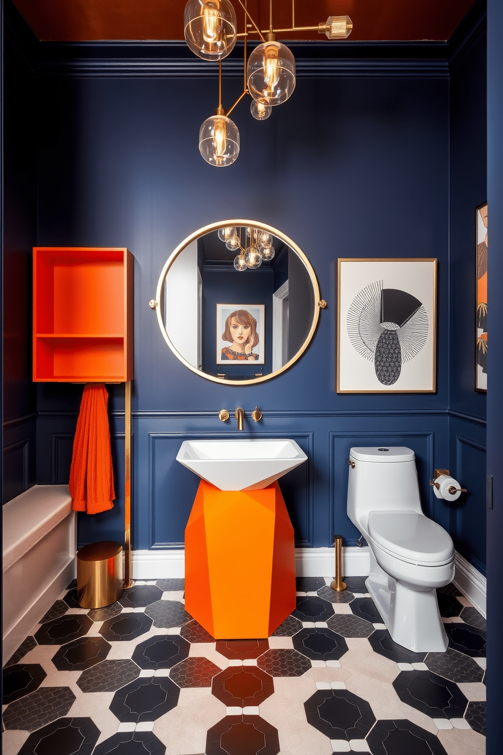 A large powder room featuring a bold color palette with contrasting hues, such as deep navy walls paired with vibrant orange accents. The space includes a striking freestanding sink with a modern geometric shape, complemented by a large round mirror framed in brushed brass. The floor is adorned with black and white hexagonal tiles, creating a dramatic visual impact. Stylish, contemporary lighting fixtures hang from the ceiling, casting a warm glow over the space and highlighting the unique artwork displayed on the walls.