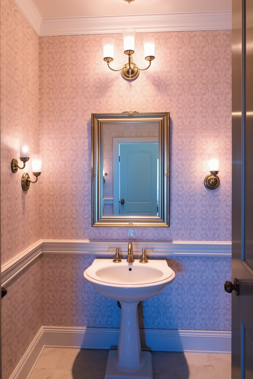 A large powder room features elegant sconces mounted on the walls, providing soft ambient lighting that enhances the overall atmosphere. The walls are adorned with a delicate wallpaper pattern, while a stylish pedestal sink sits beneath a beautifully framed mirror, creating a focal point in the space.