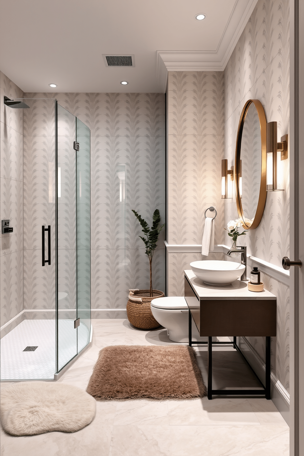 A luxurious powder room featuring a glass shower enclosure that creates a spacious and airy atmosphere. The walls are adorned with elegant wallpaper in soft hues, complemented by a stylish freestanding vanity with a sleek vessel sink. The floor is covered in large format tiles that enhance the sense of openness, while ambient lighting highlights the contemporary fixtures. A plush area rug adds warmth, and tasteful accessories, such as a decorative mirror and fresh greenery, complete the inviting design.