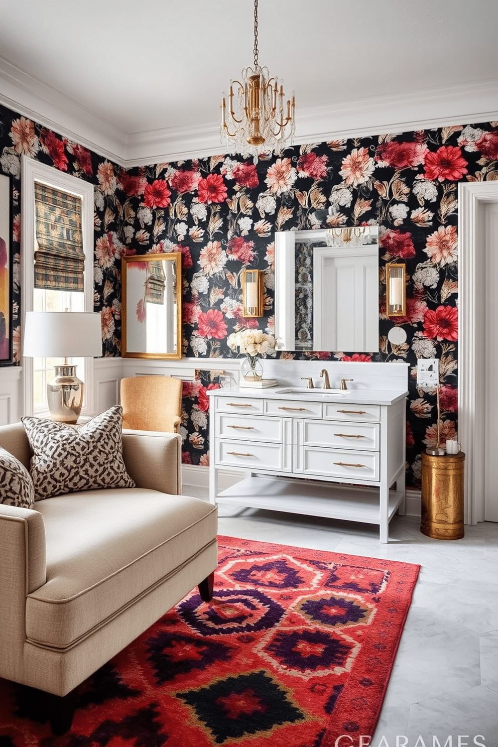 A unique area rug with an intricate geometric pattern anchors the seating area, adding warmth and texture to the space. The rug features vibrant colors that complement the surrounding decor, creating a visually striking focal point. In a large powder room, a statement vanity with a sleek, modern design pairs beautifully with bold wallpaper that showcases an artistic floral pattern. Elegant lighting fixtures hang above the vanity, casting a soft glow that enhances the luxurious ambiance of the room.