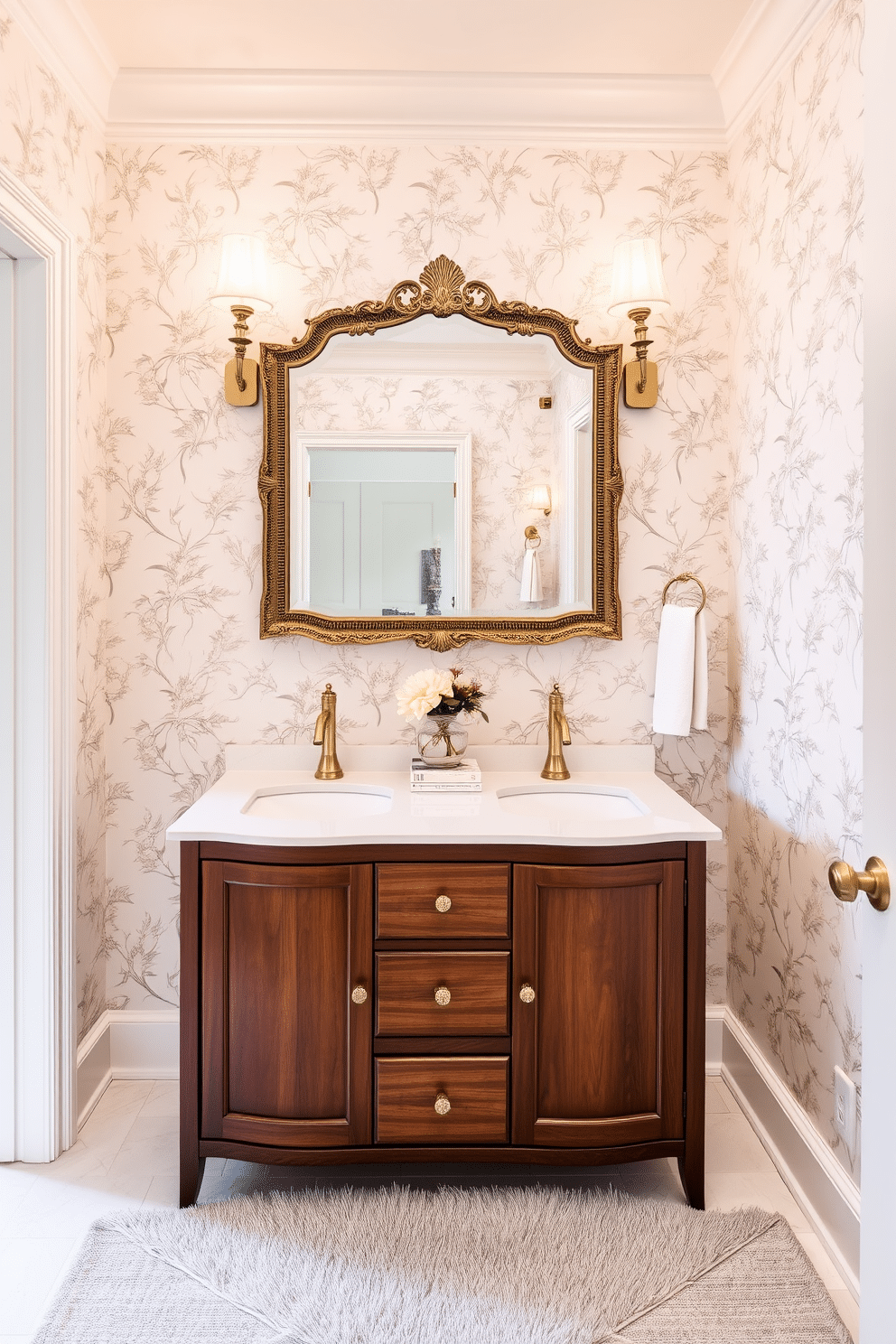 A stunning powder room features an elegant freestanding vanity with double sinks, crafted from rich walnut wood and topped with a sleek white quartz surface. Above the vanity, two stylish sconces provide warm lighting, while a large, ornate mirror reflects the room's sophisticated design. The walls are adorned with a delicate floral wallpaper in soft pastels, creating a serene atmosphere. Complementing the design, a plush area rug lies beneath the vanity, and a tasteful arrangement of decorative accessories adds a touch of luxury.