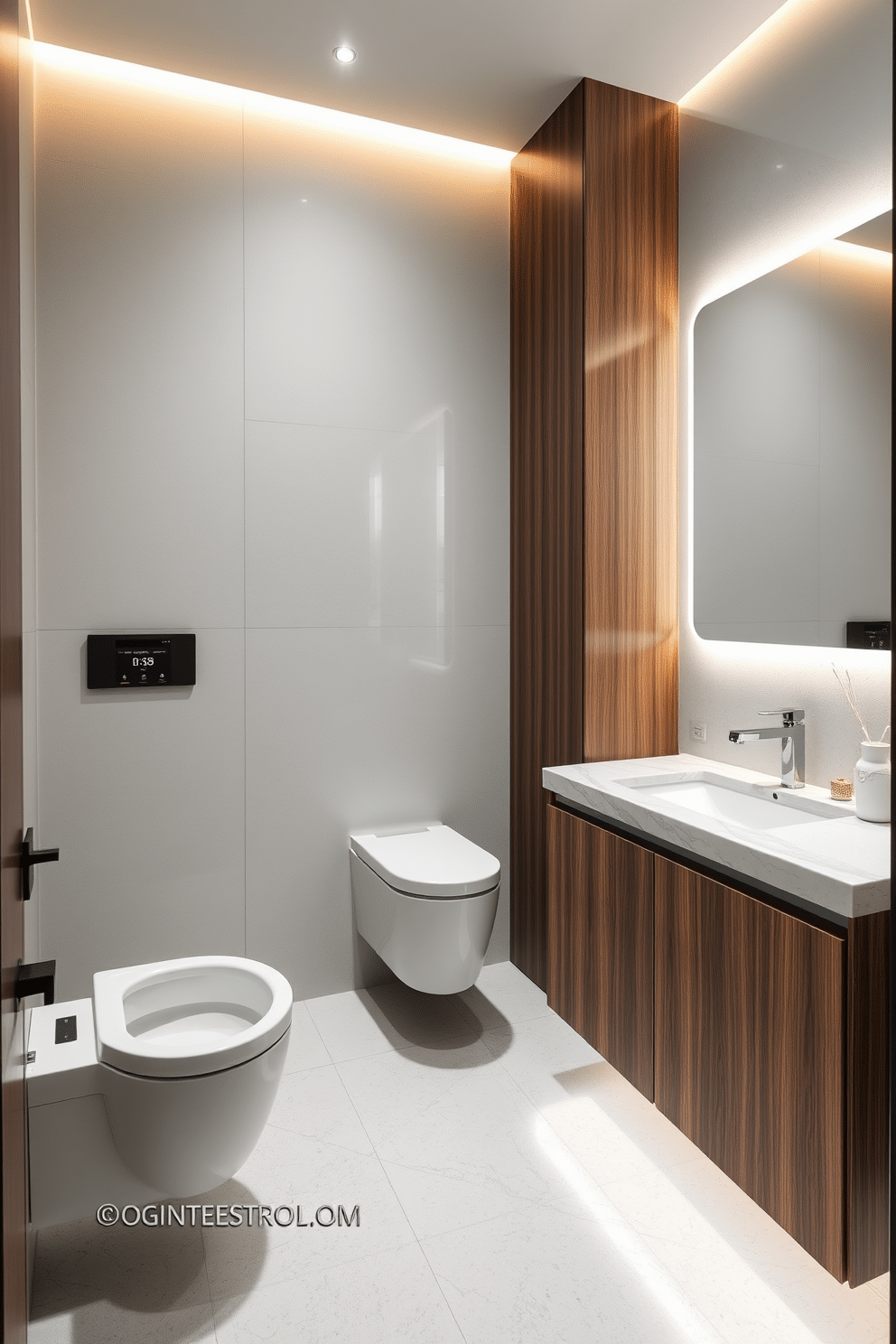 A large powder room featuring integrated technology for modern convenience. The space includes a sleek, wall-mounted toilet with a built-in bidet and a smart mirror that displays the weather and time. The vanity boasts a floating design with a quartz countertop and touch-activated faucets. Soft LED lighting highlights the elegant cabinetry, while a digital control panel manages ambient lighting and music.