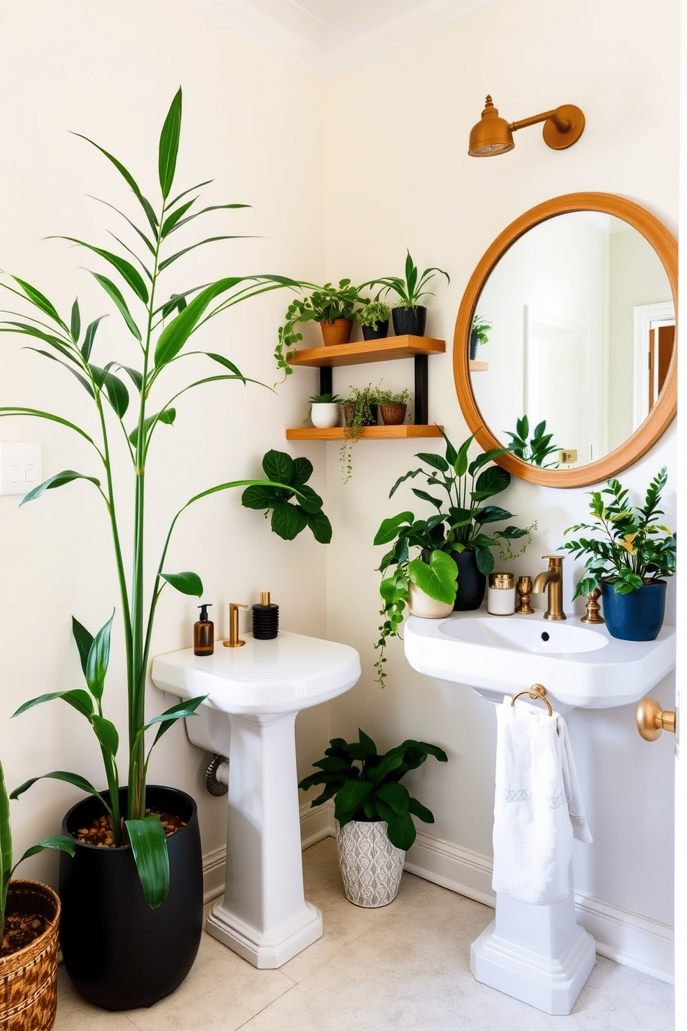 A large powder room filled with various plants that bring a touch of greenery and freshness to the space. The walls are painted in a soft cream color, and a stylish pedestal sink is complemented by a large round mirror framed in natural wood. In one corner, a tall potted plant adds height and vibrancy, while smaller plants are arranged on floating shelves above a decorative console table. The floor is adorned with elegant hexagonal tiles, and a luxurious hand towel hangs neatly on a brass towel ring.