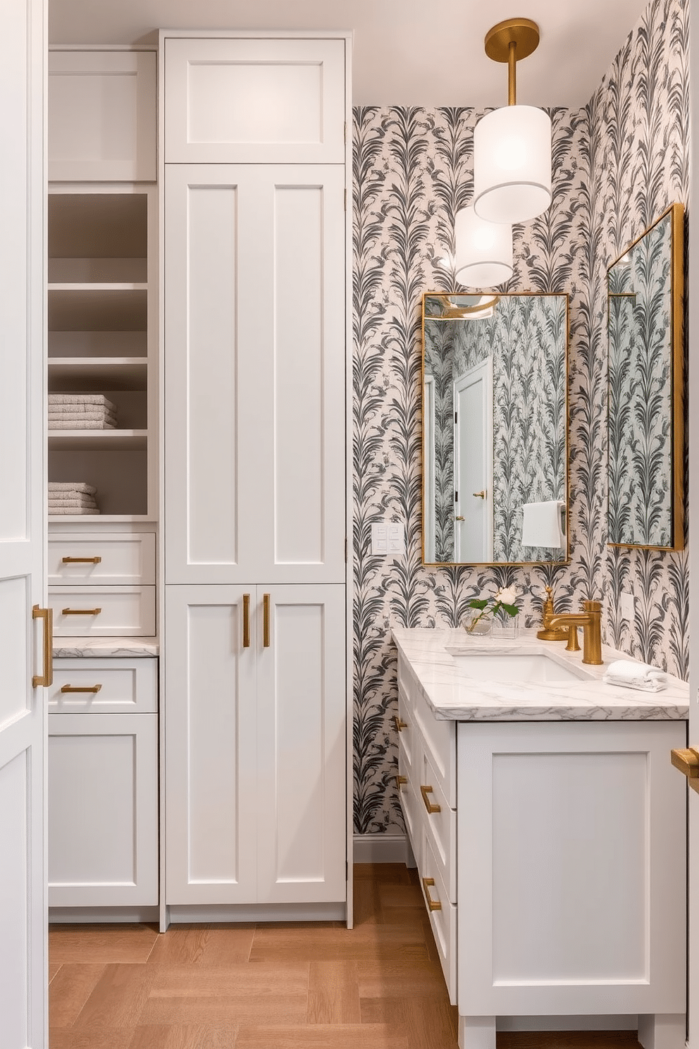 Custom cabinetry designed for tailored storage solutions, featuring sleek lines and a mix of open shelving and closed cabinets to enhance functionality. The cabinetry is finished in a soft matte white, complemented by brass hardware that adds a touch of elegance. A large powder room designed with a statement vanity that includes dual sinks and a stunning quartz countertop. The walls are adorned with a bold wallpaper pattern, while the floor is finished with large-format tiles in a warm neutral tone.