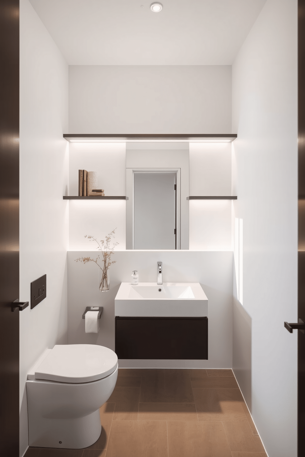 A minimalist powder room features sleek floating shelves that create an airy and uncluttered aesthetic. The shelves are adorned with a few carefully curated decorative items, enhancing the sense of openness. The large powder room boasts a clean, modern design with a striking wall-mounted vanity and a large mirror that reflects natural light. Soft neutral tones are complemented by subtle textures, creating a serene and inviting atmosphere.