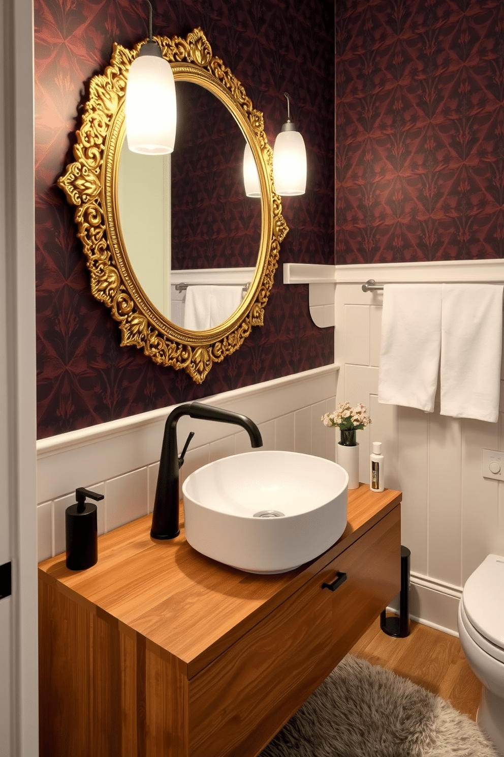 Artistic faucets as conversation starters. The powder room features a bold, sculptural faucet in a matte black finish, paired with a sleek vessel sink that sits atop a minimalist wooden vanity. The walls are adorned with a striking geometric wallpaper in rich jewel tones, creating a dramatic backdrop. A large round mirror with an ornate gold frame reflects the unique design elements, while a plush area rug adds warmth underfoot.