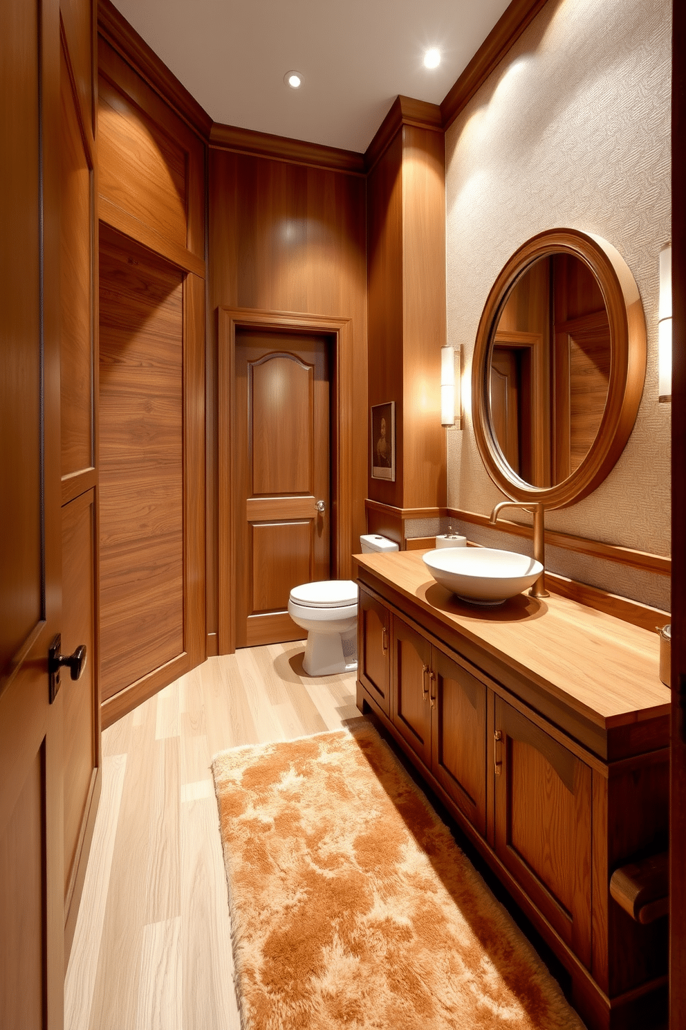 A large powder room featuring warm wood tones creates a welcoming atmosphere. The space includes a spacious wooden vanity with an elegant vessel sink and gold fixtures, complemented by a large round mirror with a wooden frame. Soft ambient lighting illuminates the room, enhancing the rich textures of the wood. The walls are adorned with a subtle wallpaper pattern that adds depth, while a plush area rug in warm tones anchors the space.