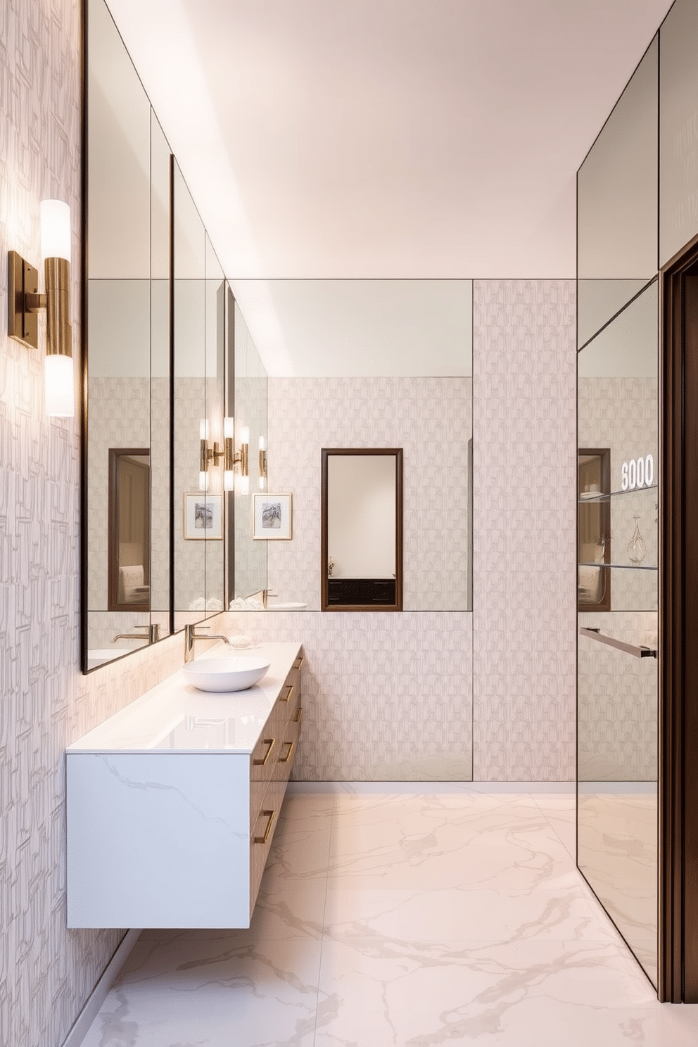 A large powder room features an expansive wall of mirrors that reflect light and create an illusion of depth, making the space feel airy and open. The design incorporates a sleek, modern vanity with a vessel sink, surrounded by elegant lighting fixtures that enhance the room's ambiance. The walls are adorned with a soft, neutral wallpaper that adds texture without overwhelming the senses, while the floor boasts elegant marble tiles for a touch of luxury. Accents such as decorative shelves and stylish accessories complete the look, providing both functionality and aesthetic appeal.