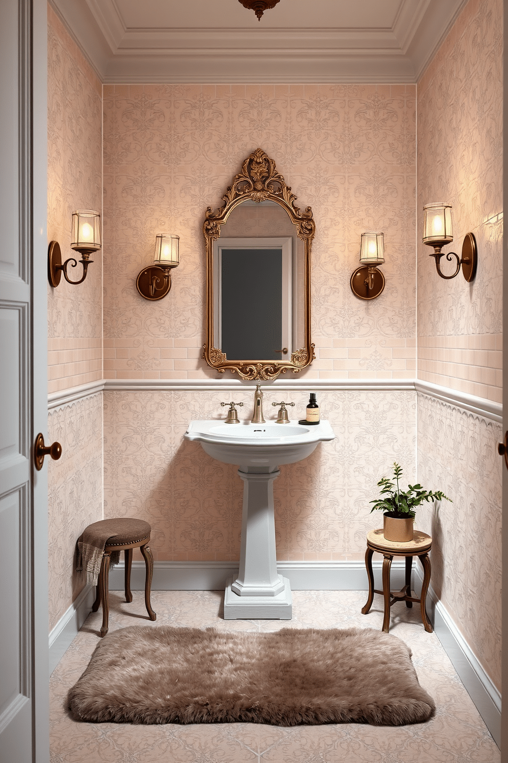 A large powder room featuring vintage-inspired tiles that create a timeless aesthetic. The walls are adorned with intricate, patterned tiles in soft pastel colors, complemented by a classic pedestal sink and an ornate mirror above it. The space is illuminated by elegant sconces that cast a warm glow, enhancing the vintage charm. A plush area rug in muted tones adds comfort, while decorative accents like a vintage stool and potted plants complete the inviting atmosphere.