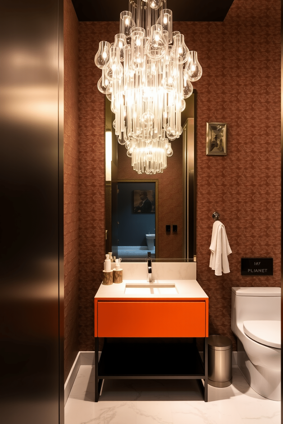 A stunning large powder room features custom lighting fixtures that serve as both functional elements and artistic statements. The space is illuminated by a statement chandelier crafted from hand-blown glass, casting a warm glow over the elegantly designed room. The walls are adorned with a rich, textured wallpaper that complements the luxurious marble flooring. A sleek, modern vanity with a bold color contrasts beautifully with the intricate lighting, creating a striking focal point in the powder room.