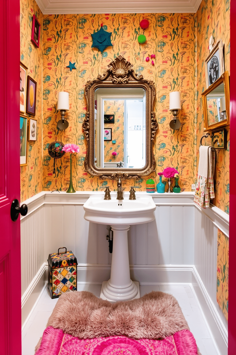 A large powder room filled with whimsical decor elements that evoke a sense of playful charm. The walls are adorned with vibrant wallpaper featuring a fun, abstract pattern, while quirky art pieces hang at eye level. A freestanding pedestal sink with an ornate faucet sits at the center, surrounded by colorful, mismatched accessories. A vintage mirror with an eccentric frame reflects the room's lively atmosphere, and a plush, patterned rug adds warmth underfoot.