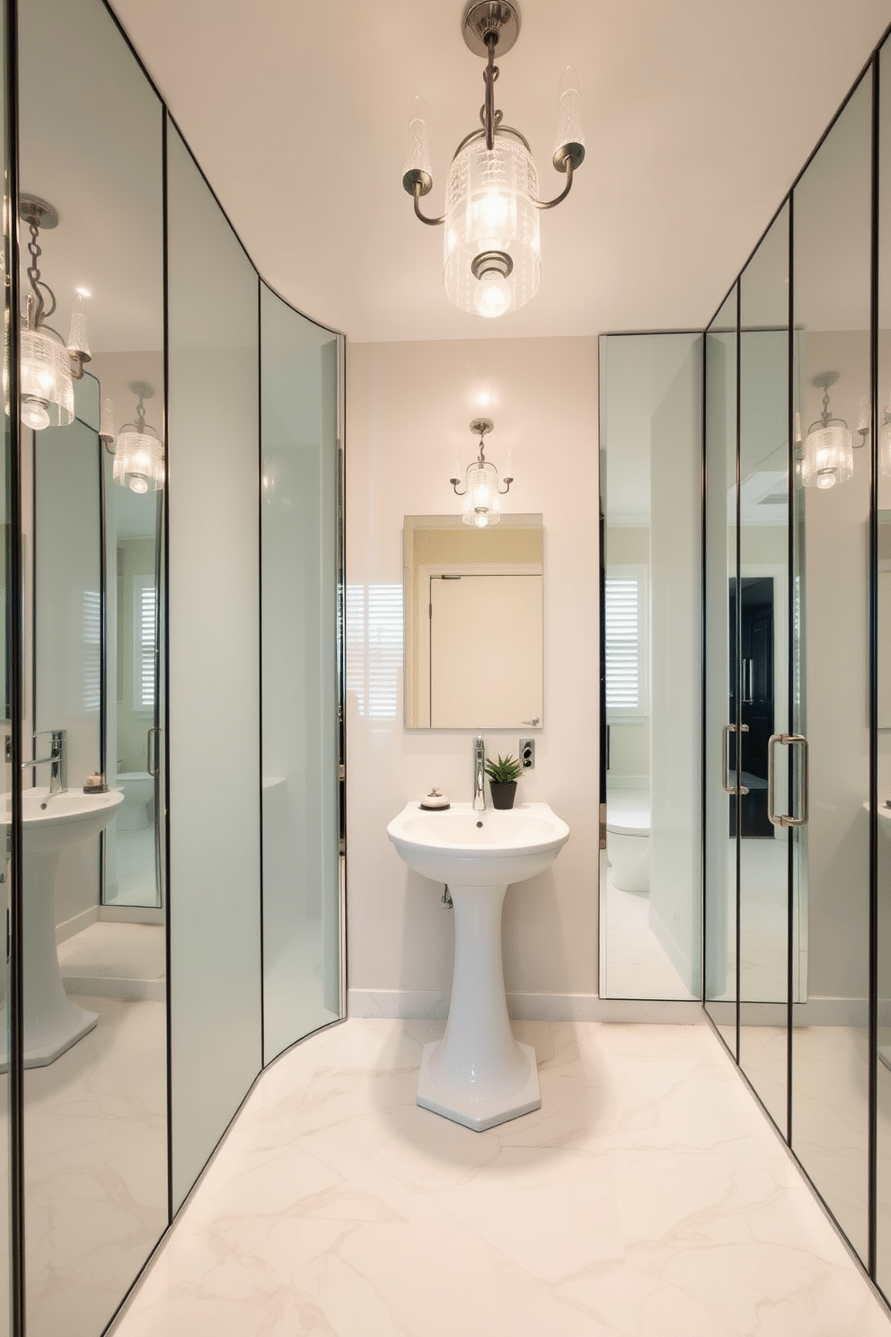 A large powder room featuring expansive mirrors that enhance light reflection, creating a bright and airy atmosphere. The walls are adorned with soft, neutral tones, while the flooring consists of elegant marble tiles that complement the overall design. The centerpiece is a stylish pedestal sink with a sleek chrome faucet, surrounded by decorative elements like a small potted plant and a chic soap dispenser. Luxurious lighting fixtures hang above, casting a warm glow that accentuates the room's elegant features.