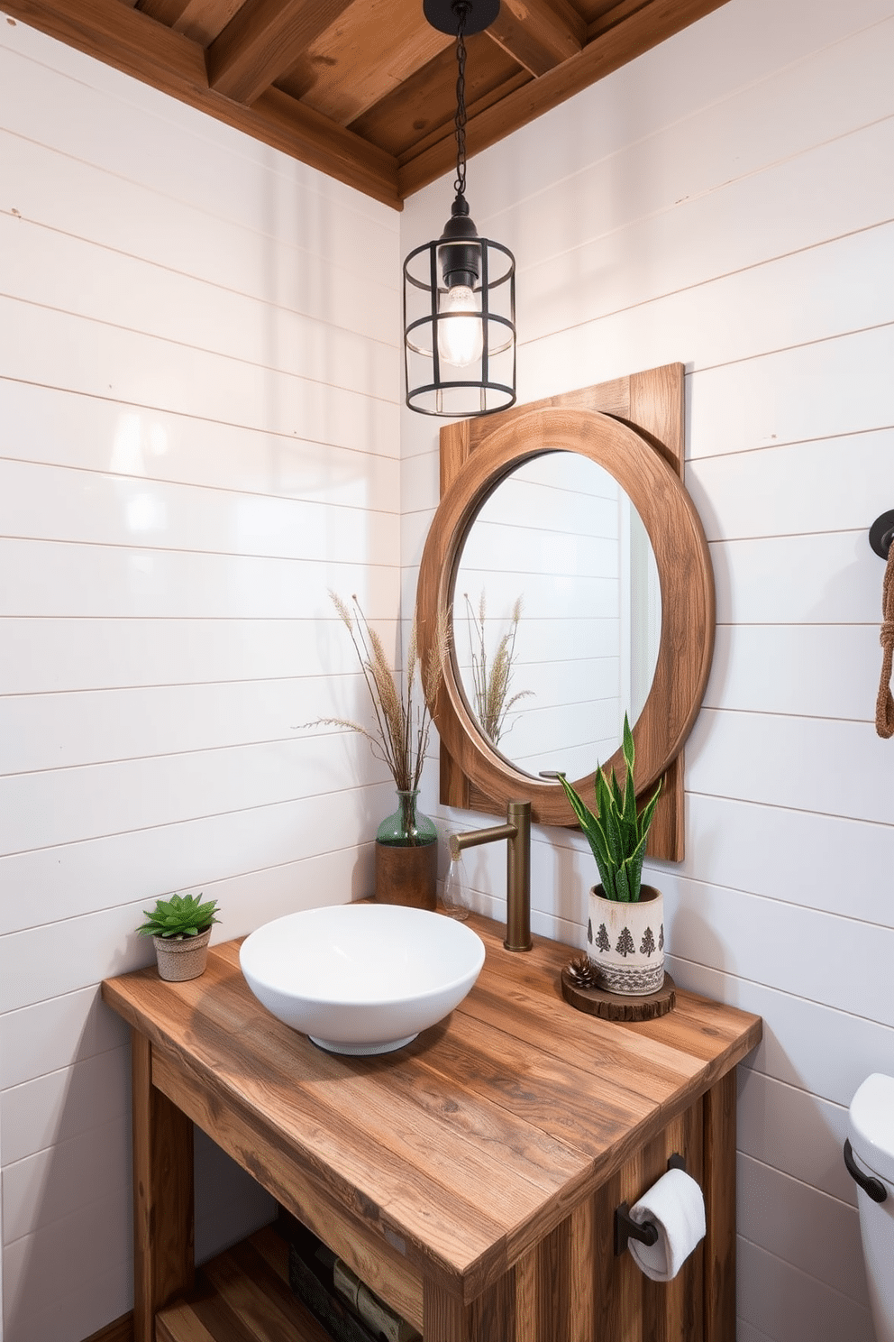 A large powder room featuring rustic wood accents that add warmth and charm. The space includes a reclaimed wood vanity with a vessel sink, complemented by a large round mirror framed in distressed wood. The walls are adorned with shiplap paneling painted in a soft white, creating a bright and inviting atmosphere. A vintage-style light fixture hangs above, illuminating the room and highlighting decorative elements like potted plants and rustic decor.