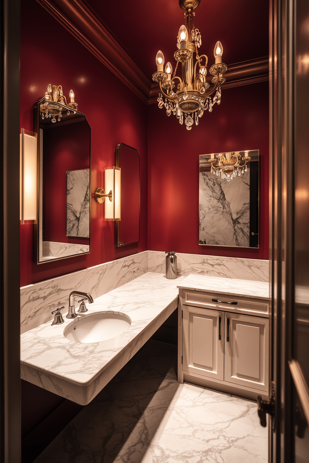 A luxurious powder room featuring elegant marble countertops that exude sophistication. The space is adorned with sleek fixtures, complemented by soft ambient lighting to create a warm and inviting atmosphere. The walls are painted in a rich, deep hue that enhances the opulence of the marble. A stylish chandelier hangs from the ceiling, adding a touch of glamour to the overall design.