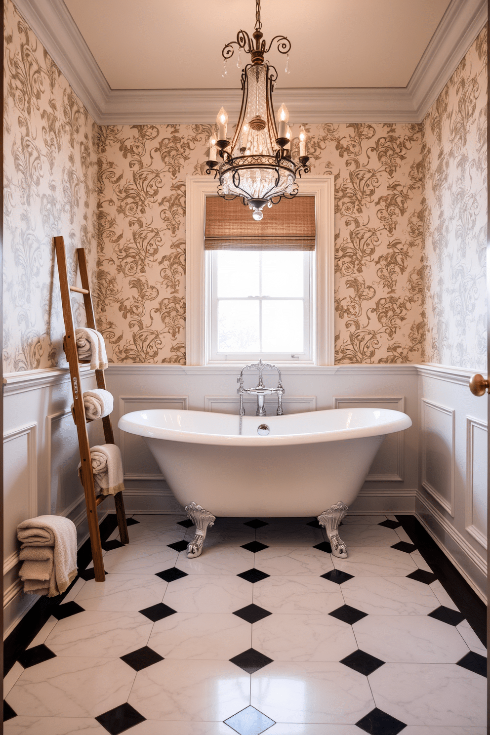 A vintage-style clawfoot bathtub serves as the stunning centerpiece of the powder room, surrounded by elegant wainscoting that adds a touch of sophistication. The walls are painted in a soft pastel hue, complementing the intricate patterns of the antique wallpaper that frames the space. To the left of the bathtub, a decorative wooden ladder leans against the wall, holding neatly rolled plush towels in muted tones. A vintage chandelier hangs from the ceiling, casting a warm glow over the polished marble floor, which features a classic black-and-white checkerboard pattern.