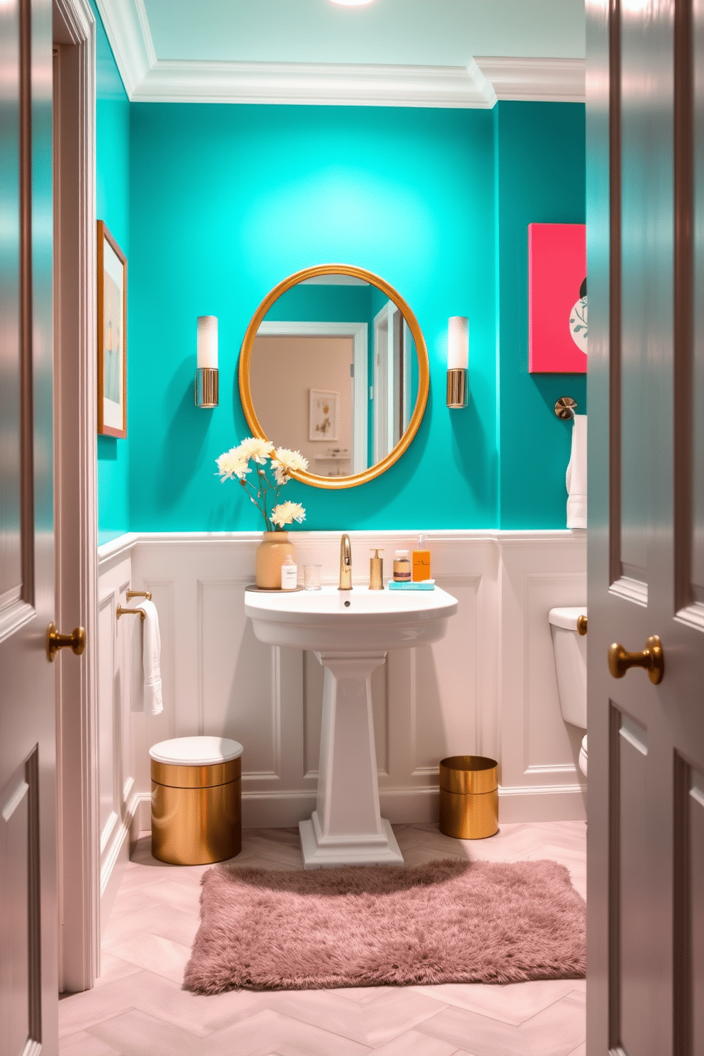 A large powder room features a brightly colored accent wall painted in a bold turquoise hue, creating an energetic focal point. The space is complemented by white wainscoting and a chic, round mirror with a gold frame that enhances the room's vibrancy. A stylish pedestal sink is adorned with a sleek faucet, and decorative accessories in complementary colors are artfully arranged on the countertop. The flooring consists of light gray tiles that contrast beautifully with the vibrant wall, while a plush area rug adds warmth and texture to the room.