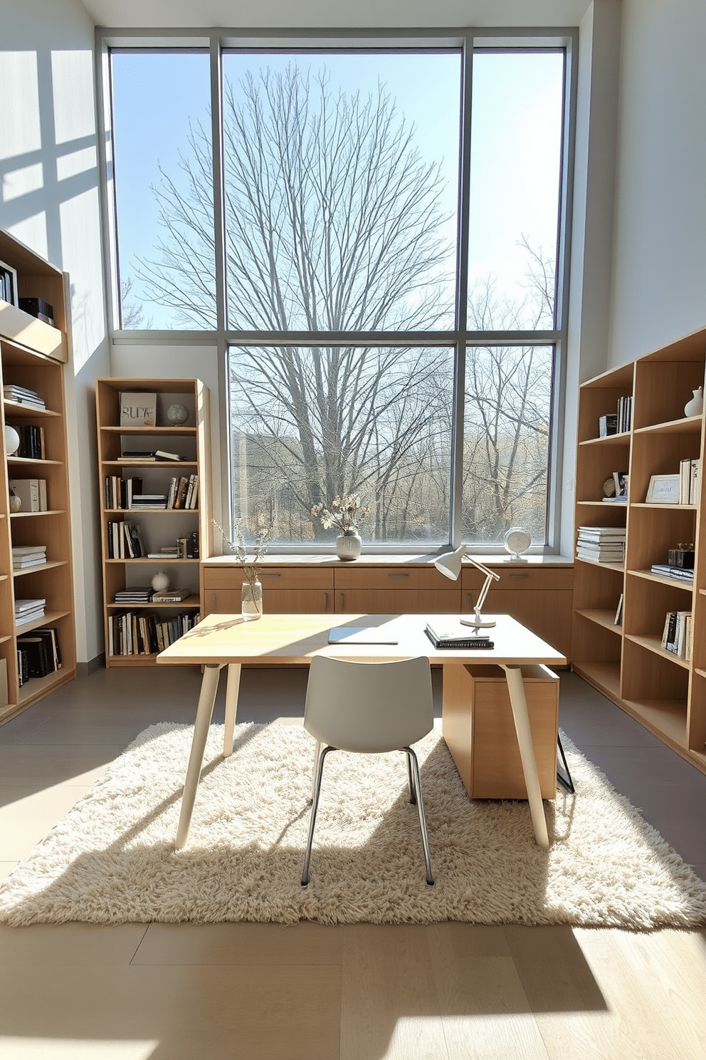 A modern minimalist desk is positioned in a spacious study room, bathed in natural light streaming through large windows. The desk features a sleek design with a light wood finish, complemented by a simple white chair, creating an inviting workspace. The study room is adorned with neutral-toned walls and a plush area rug, enhancing the minimalist aesthetic. Bookshelves line one side of the room, showcasing a curated selection of books and decorative items, while a small potted plant adds a touch of greenery.