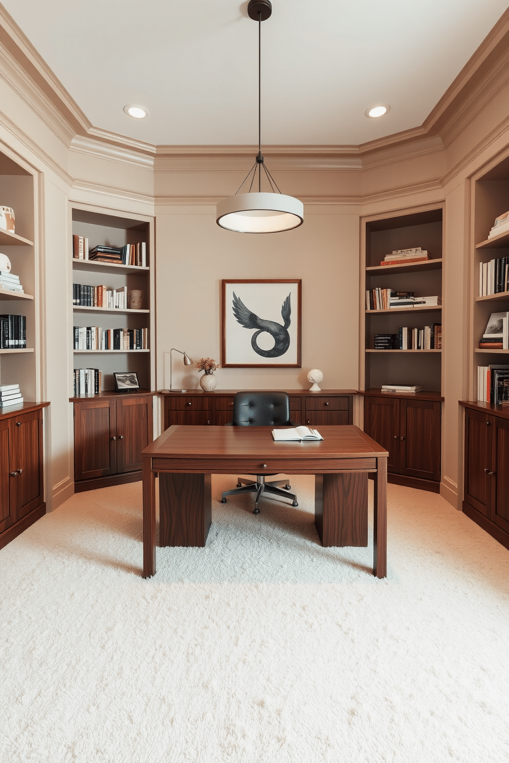 A spacious study room featuring a neutral color palette to create a calm atmosphere. The walls are painted in soft beige, complemented by a plush cream carpet that adds warmth to the space. In the center, a large wooden desk with a minimalist design sits beneath a stylish pendant light. Flanking the desk are built-in bookshelves filled with books and decorative items, enhancing the room's sophistication.