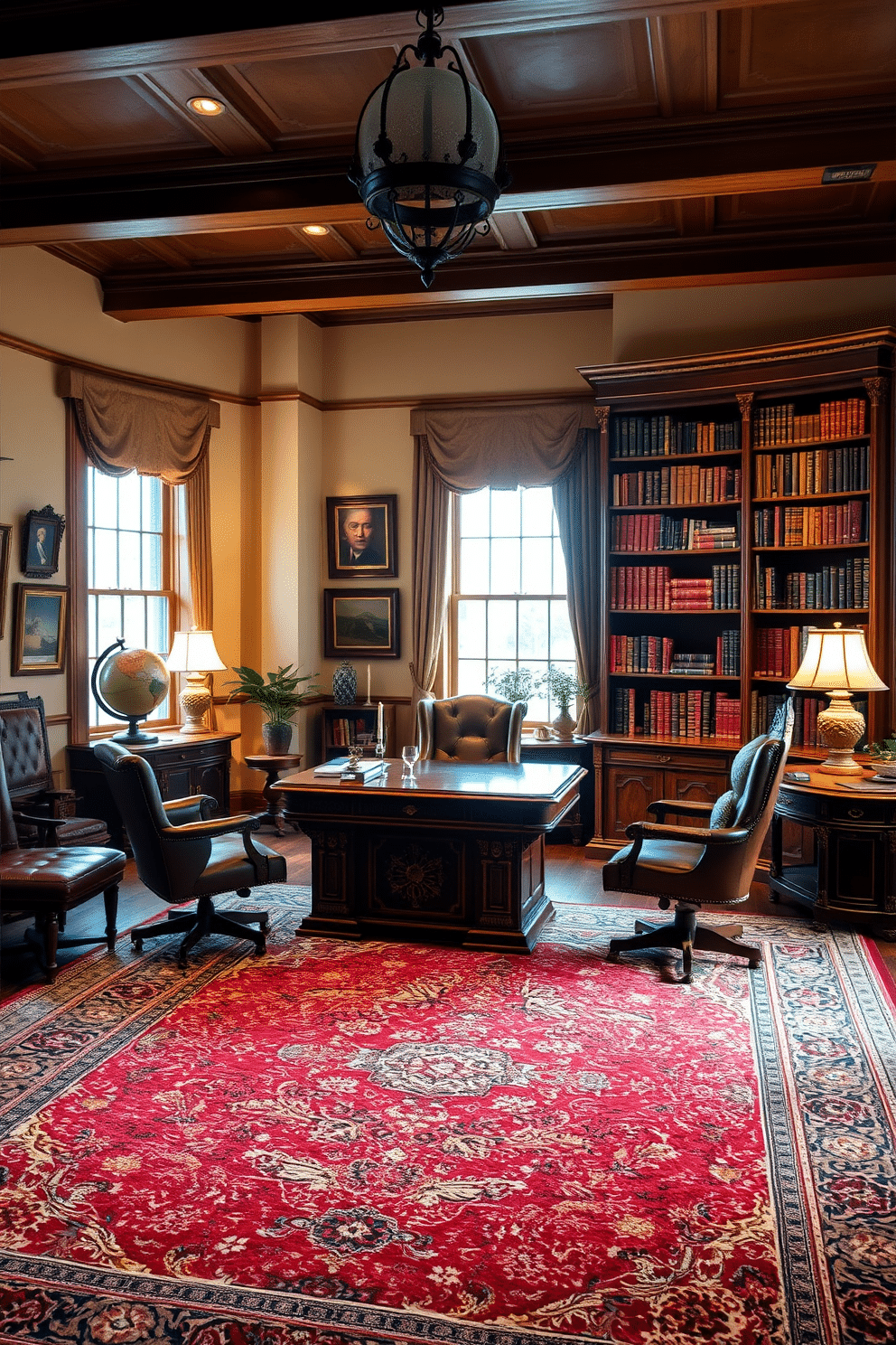 A large study room filled with vintage decor pieces that add character and charm. The room features a grand wooden desk with intricate carvings, surrounded by plush leather chairs and a tall bookshelf filled with classic literature. Soft, ambient lighting illuminates the space, highlighting a large, ornate rug that anchors the room. An antique globe and framed art pieces adorn the walls, creating an inviting atmosphere for creativity and productivity.