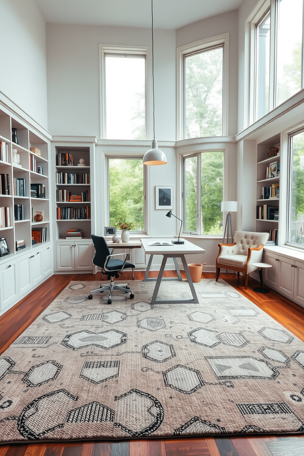 A spacious study room featuring a large, textured area rug that adds warmth to the hardwood floor. The room is filled with natural light from oversized windows, complemented by a modern desk and an ergonomic chair, creating an inviting workspace. The walls are adorned with built-in bookshelves, filled with books and decorative items, enhancing the room's intellectual ambiance. A cozy reading nook with a plush armchair and a small side table invites relaxation, while a stylish pendant light hangs above the desk for focused illumination.