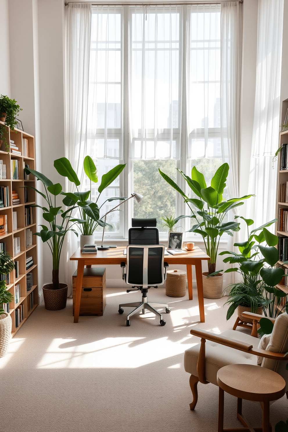 A spacious study room filled with natural light, featuring large windows adorned with sheer white curtains. A sleek wooden desk sits in the center, complemented by an ergonomic chair and surrounded by lush green plants in varying sizes, adding a refreshing touch of nature. The walls are painted in a soft, neutral tone, creating a calming atmosphere. Bookshelves line one side of the room, filled with an array of books and decorative items, while a cozy reading nook with a plush armchair and a small side table invites relaxation.