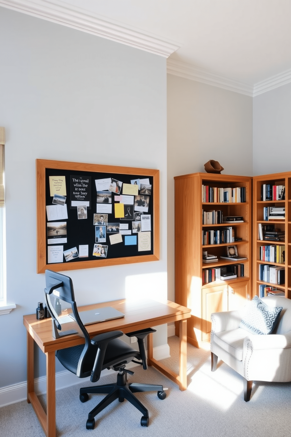 A personalized bulletin board filled with inspirational quotes, photographs, and colorful notes. The board is framed in rustic wood and mounted on a wall painted in a soft, calming blue. A spacious study room featuring a large wooden desk with ample storage and a comfortable ergonomic chair. Floor-to-ceiling bookshelves line one wall, filled with books and decorative items, while a cozy reading nook with a plush armchair sits by a window, bathed in natural light.