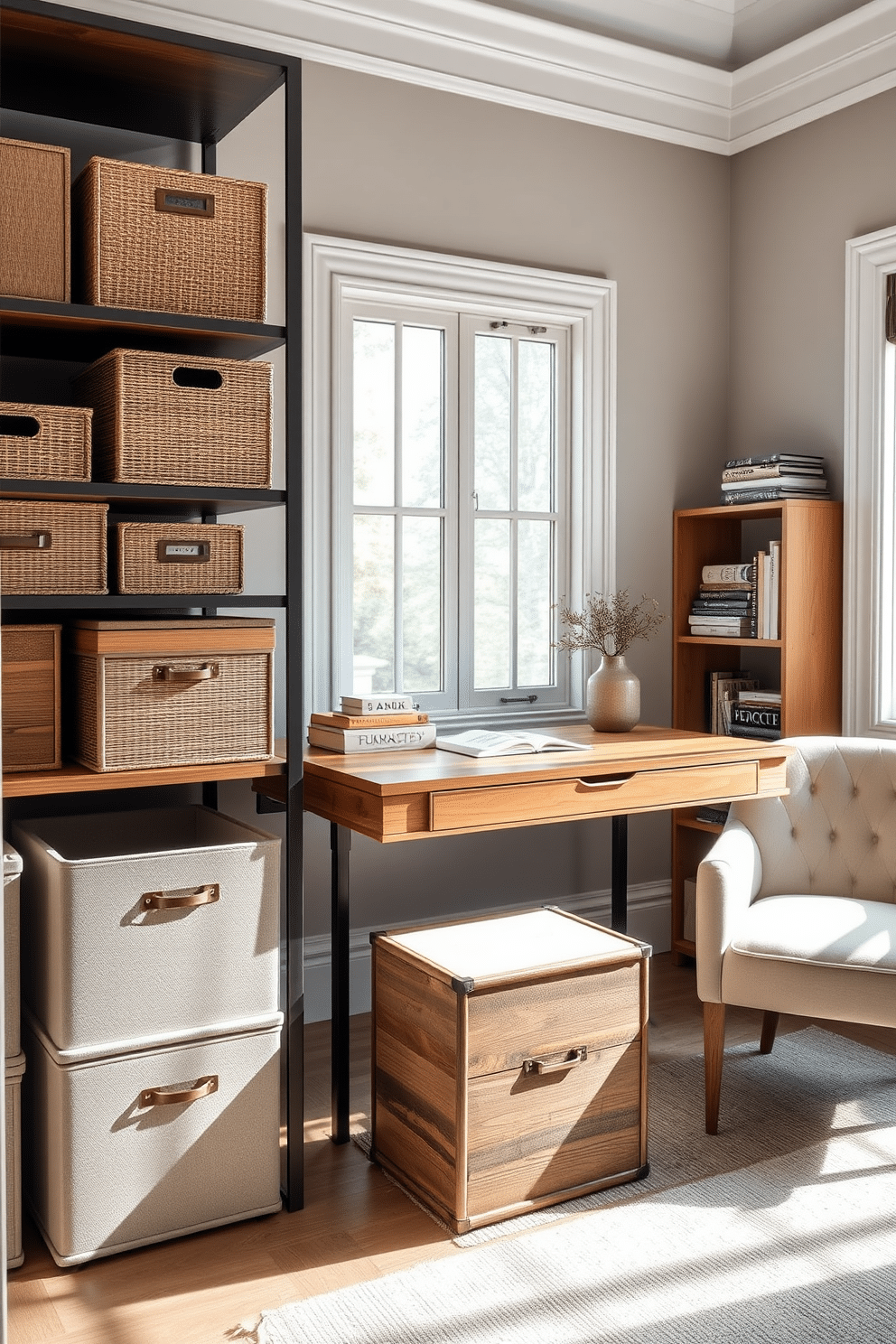 A collection of stylish storage boxes designed for organization, featuring a mix of textures such as woven fabric and sleek wood finishes. Each box is adorned with elegant labels and arranged neatly on open shelving, creating a visually appealing and functional storage solution. A spacious study room with a contemporary design, showcasing a large wooden desk positioned in front of a window with natural light streaming in. The room is accented with a cozy reading nook, complete with a plush armchair and a small bookshelf filled with curated literature.