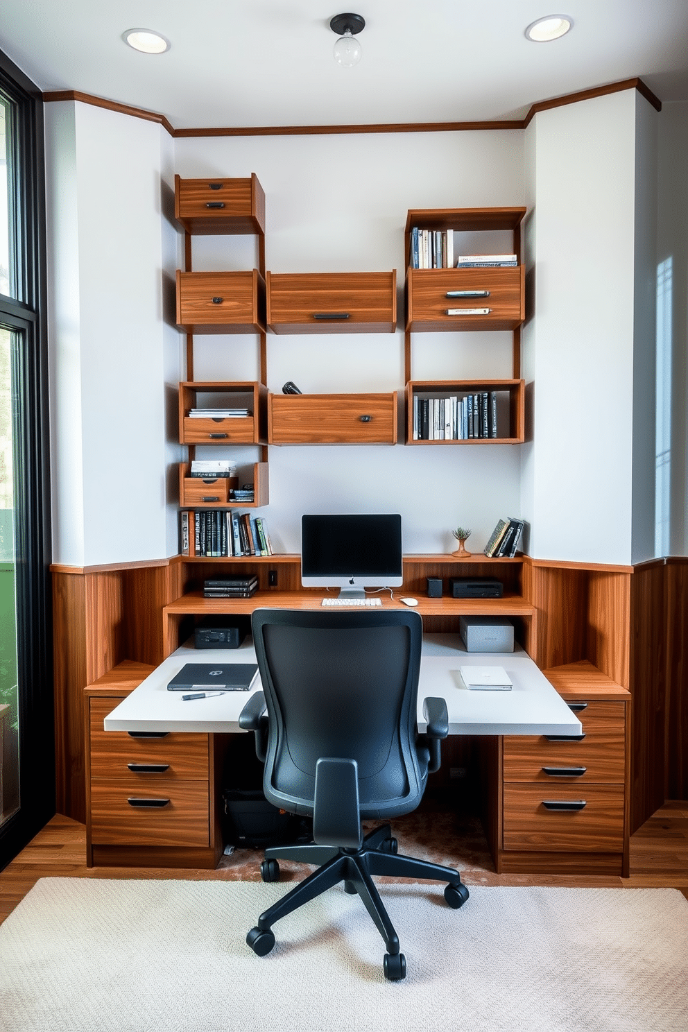 A large study room featuring wall-mounted organizers for efficient use of space. The organizers are crafted from sleek wood, providing a modern aesthetic while maximizing storage for books and supplies. The room is designed with a spacious desk positioned near a window, allowing for ample natural light. A comfortable ergonomic chair complements the desk, creating an inviting workspace perfect for productivity.