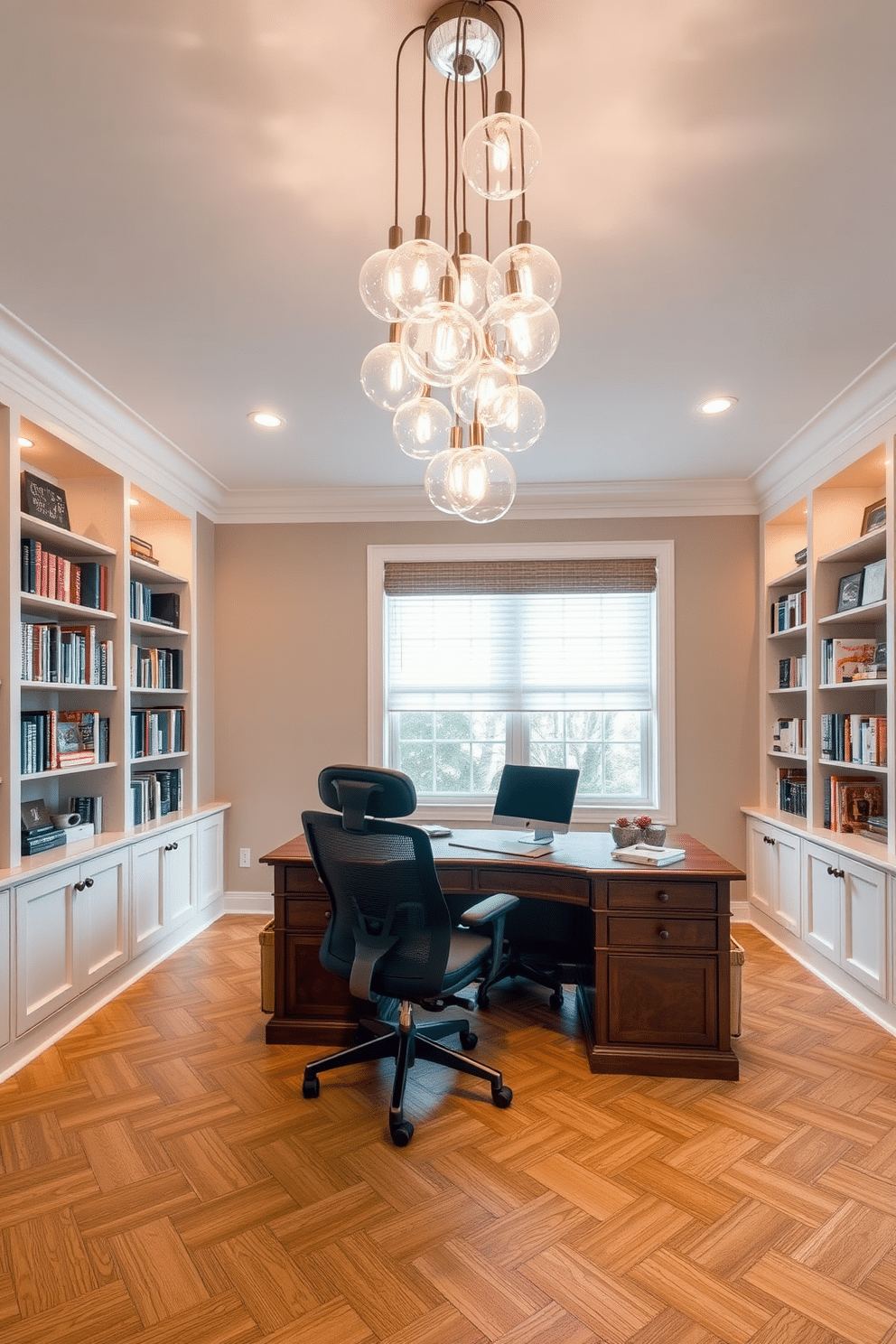 Chic pendant lighting for elegance. The room features a stunning cluster of glass pendant lights that hang gracefully from the ceiling, casting a warm glow over the space. Large study room design ideas. The study room is adorned with a spacious wooden desk, complemented by a comfortable ergonomic chair and built-in shelves filled with books, creating an inviting atmosphere for productivity.