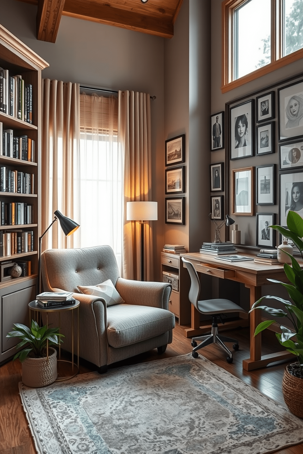 Cozy reading nook with oversized armchair. The nook features a plush, oversized armchair in a soft, textured fabric, positioned next to a large window that lets in natural light. A small side table holds a stack of books and a steaming cup of tea, while a floor lamp with a warm glow illuminates the space. Surrounding the nook are built-in bookshelves filled with an array of colorful books and decorative items, creating an inviting atmosphere. Large Study Room Design Ideas. The study room showcases a spacious desk made of reclaimed wood, paired with an ergonomic chair for comfort during long work hours. Natural light floods the room through large windows adorned with sheer curtains, while a gallery wall of framed artwork adds personality and inspiration. A cozy area rug anchors the space, and plants in the corners bring a touch of greenery to the sophisticated setting.