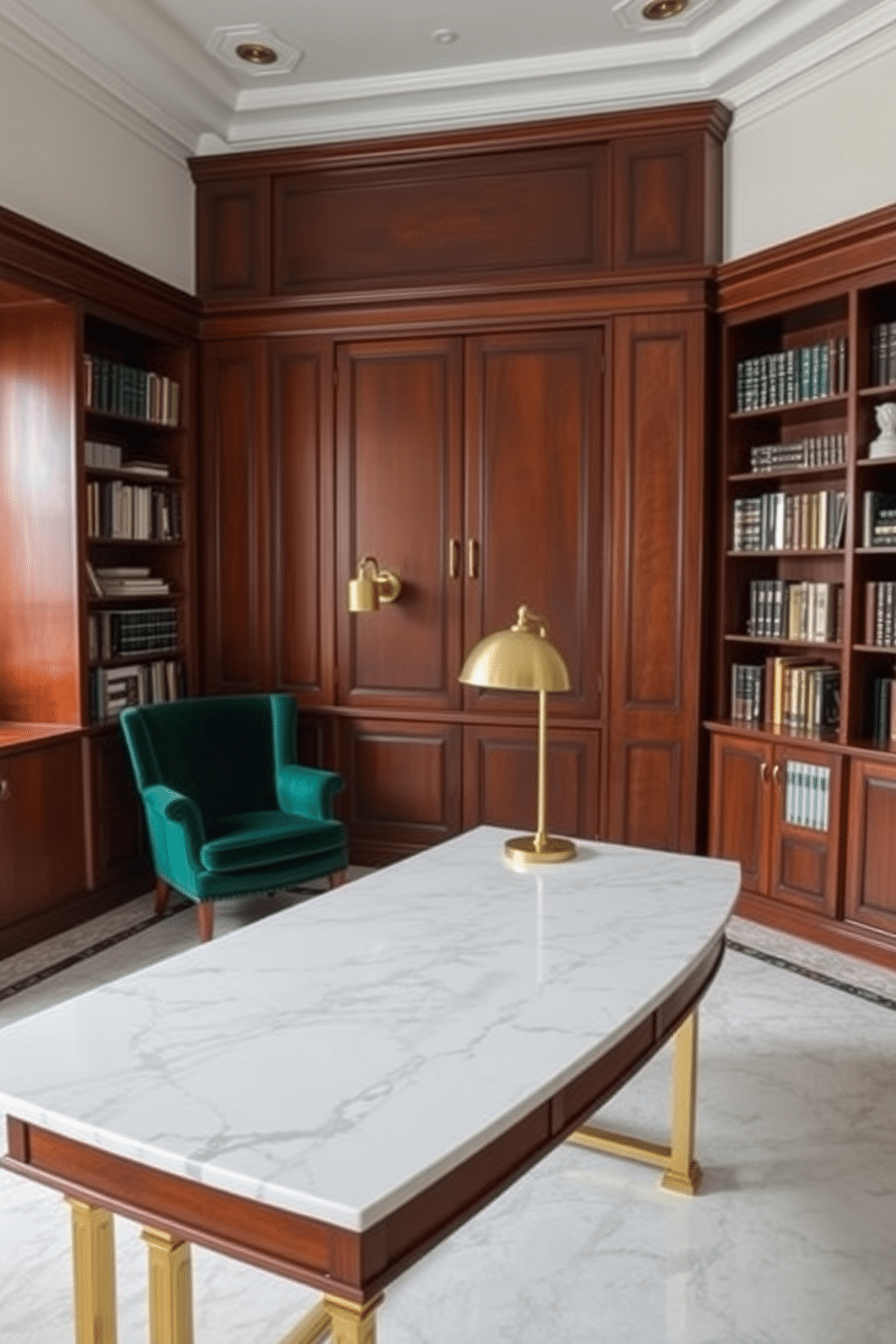 A spacious study room featuring luxurious marble accents and brass fixtures. The room is adorned with a large wooden desk that showcases a polished marble top and elegant brass legs, providing a sophisticated workspace. On one side, floor-to-ceiling bookshelves made of rich mahogany display an array of books and decorative items. A plush velvet armchair in a deep emerald hue sits invitingly in the corner, accompanied by a sleek brass reading lamp for a cozy reading nook.