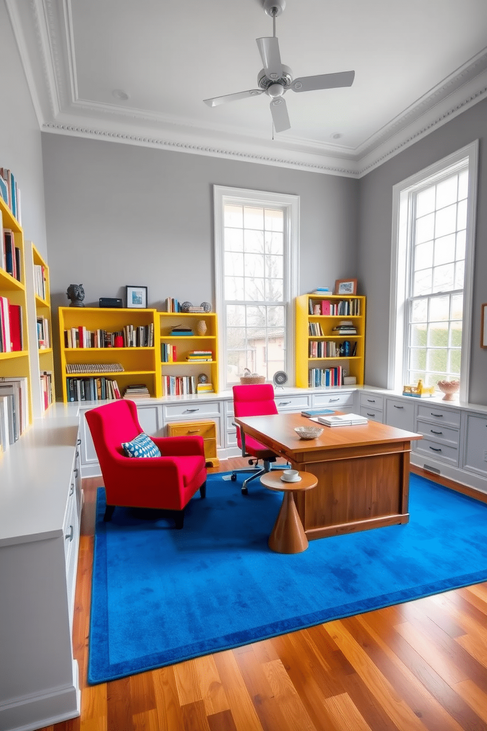 A large study room filled with natural light features a spacious wooden desk positioned near a large window. The walls are painted in a soft gray, while colorful accents such as bright yellow bookshelves and a vibrant blue area rug add a playful vibe. A comfortable armchair in a bold red hue sits in the corner, accompanied by a small round table for coffee breaks. Shelves filled with books and decorative items create an inviting atmosphere, making it the perfect space for creativity and focus.