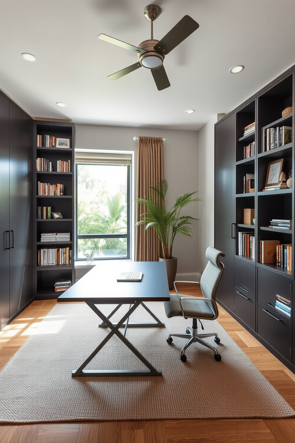 A spacious study room featuring functional foldable furniture that maximizes versatility and space efficiency. The room includes a sleek, modern desk that can be easily folded away, complemented by a comfortable chair that also serves as additional seating when needed. The walls are adorned with built-in bookshelves, showcasing a mix of books and decorative items. Large windows allow natural light to flood the room, creating an inviting atmosphere perfect for productivity and creativity.