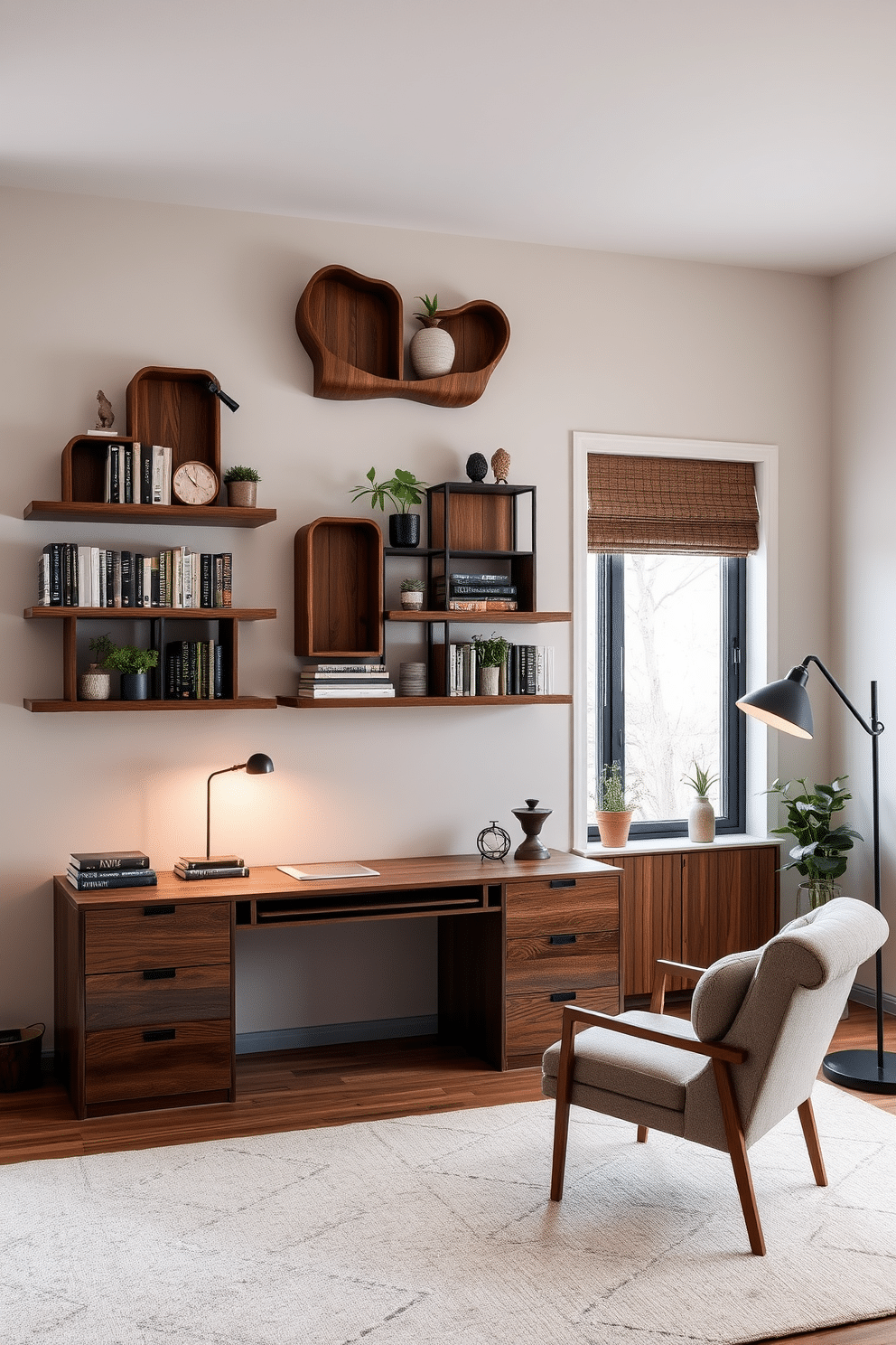 Artistic wall shelves elegantly display a curated collection of books, plants, and decorative objects. The shelves are crafted from reclaimed wood, featuring unique shapes and varying depths, enhancing the visual interest of the room. The large study room is designed with a blend of modern and classic elements, featuring a spacious wooden desk positioned by a large window. Soft, ambient lighting illuminates the room, complemented by a cozy reading nook with a plush armchair and a stylish floor lamp.