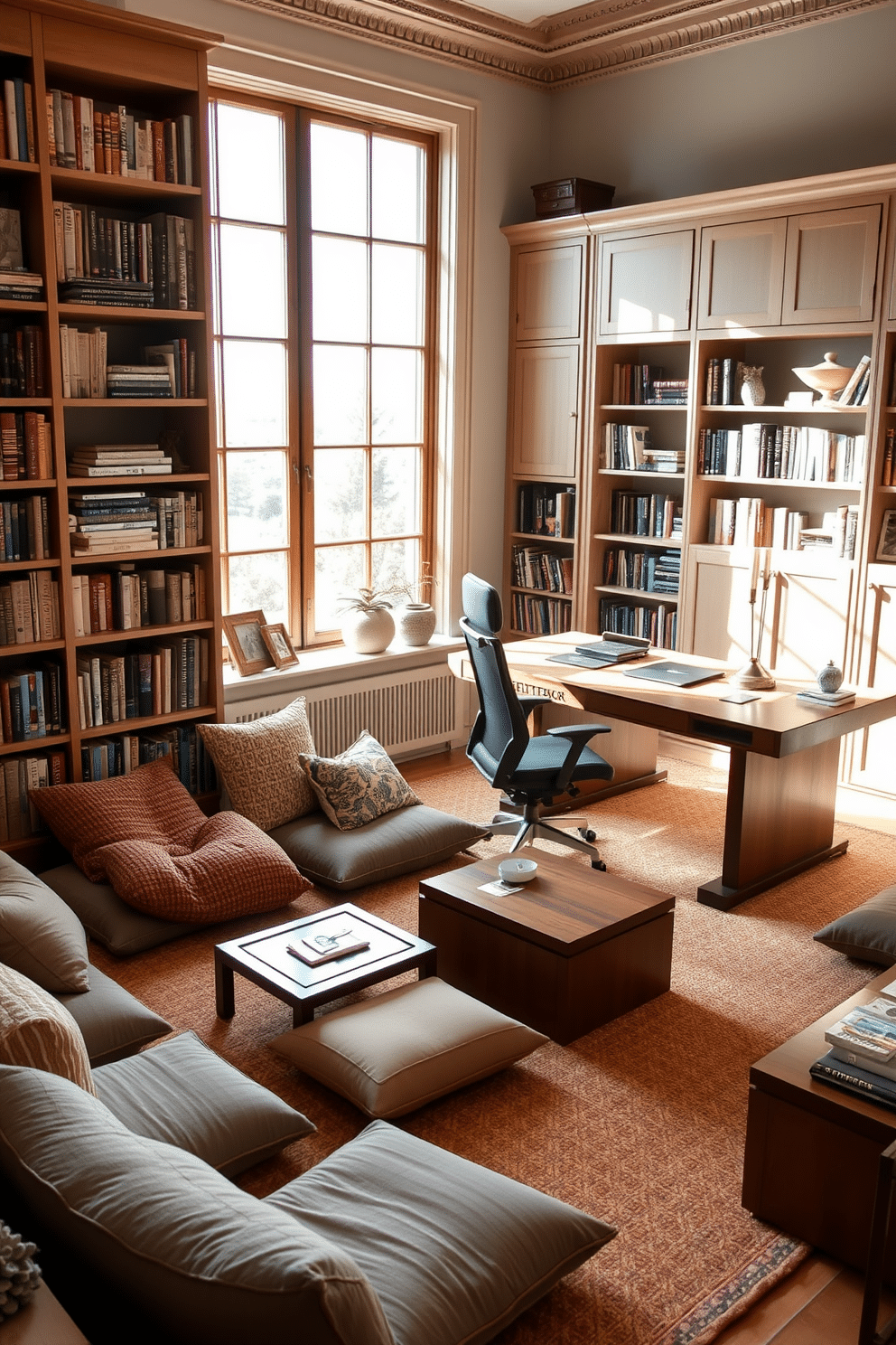 Comfortable floor cushions in a cozy corner, adorned with soft, textured fabrics in warm earth tones. Surrounding the cushions are low wooden tables and a bookshelf filled with an array of books and decorative items, creating an inviting atmosphere for relaxation. A spacious study room featuring a large wooden desk positioned by a window, allowing natural light to flood the space. The walls are lined with built-in shelves filled with books, and a comfortable ergonomic chair complements the desk, ensuring both style and functionality.