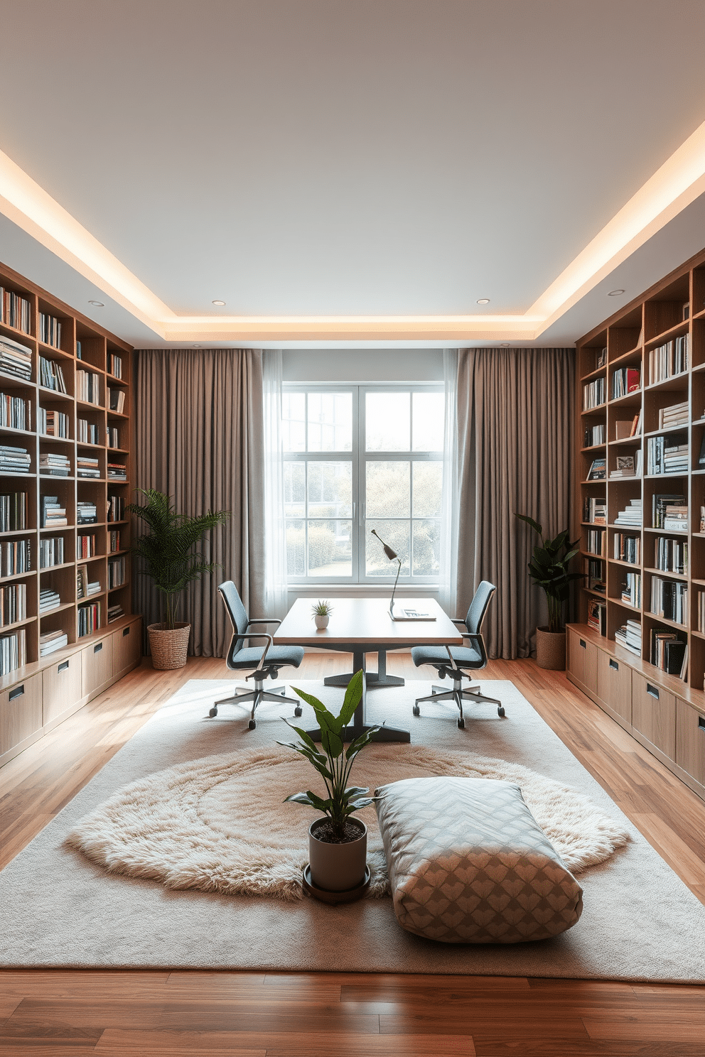 A large study room designed for quiet focus features soundproofing elements integrated into the walls, ensuring a serene environment. The room is adorned with floor-to-ceiling bookshelves filled with books, while a spacious desk faces a large window that lets in natural light, complemented by thick curtains for additional sound absorption. Soft, muted colors dominate the space, creating a calming atmosphere, while a plush area rug adds warmth underfoot. Modern ergonomic furniture is strategically placed to enhance comfort, and potted plants bring a touch of nature indoors, contributing to a peaceful and productive workspace.