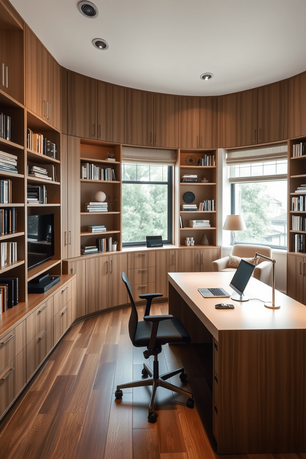 A large study room designed to incorporate technology seamlessly features a sleek, modern desk equipped with built-in charging stations and cable management solutions. Floor-to-ceiling bookshelves flank the walls, filled with books and decorative objects, while a large window allows natural light to flood the space. The room includes a comfortable ergonomic chair and a cozy reading nook with a plush armchair and a small side table. Smart lighting systems adjust the brightness based on the time of day, creating an inviting atmosphere for both work and relaxation.