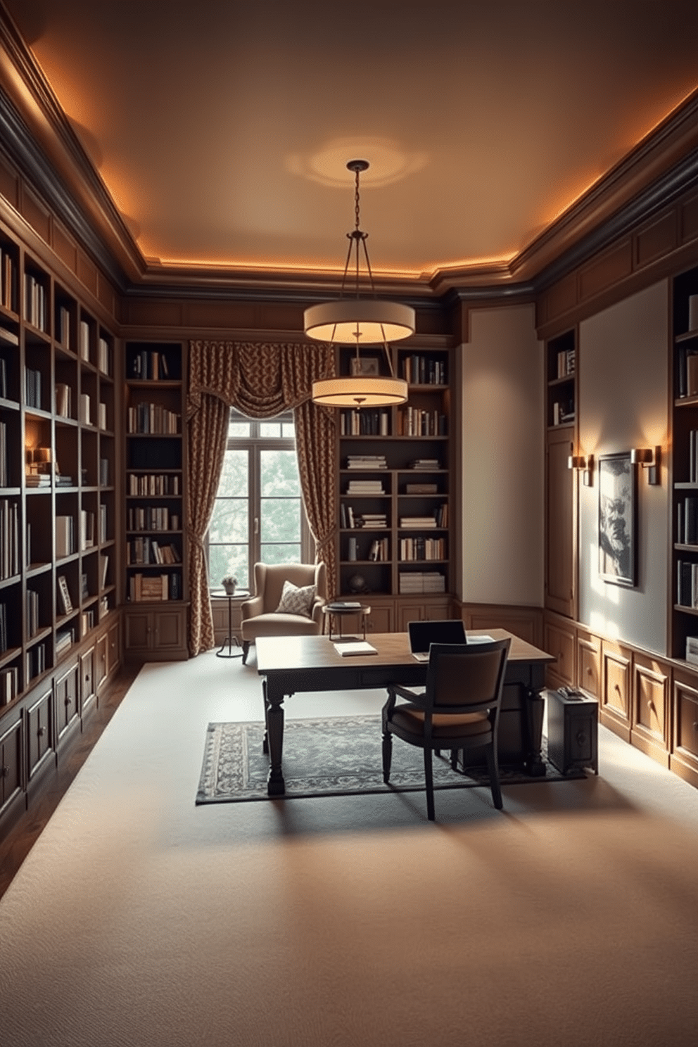 A spacious study room featuring layered lighting to create adjustable ambiance. The room includes a large wooden desk positioned under a stylish pendant light, complemented by adjustable wall sconces that provide warm, focused illumination. Richly textured fabrics adorn a cozy reading nook in the corner, with a plush armchair and a small side table. Floor-to-ceiling bookshelves line the walls, showcasing a curated collection of books and decorative items, while a large window allows natural light to flood the space.