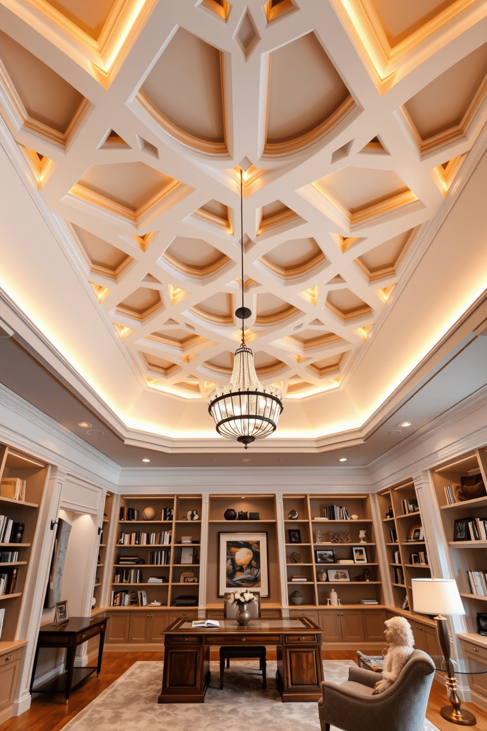 A unique ceiling design featuring a series of interlocking geometric shapes painted in a soft white, accented with warm LED lighting that highlights the architecture. The ceiling creates a stunning focal point that draws the eye upward, adding depth and character to the space. A large study room designed with a combination of modern and classic elements, featuring a grand wooden desk positioned centrally under a statement chandelier. The walls are lined with custom bookshelves, filled with books and decorative items, while a cozy reading nook with a plush armchair and floor lamp invites relaxation.